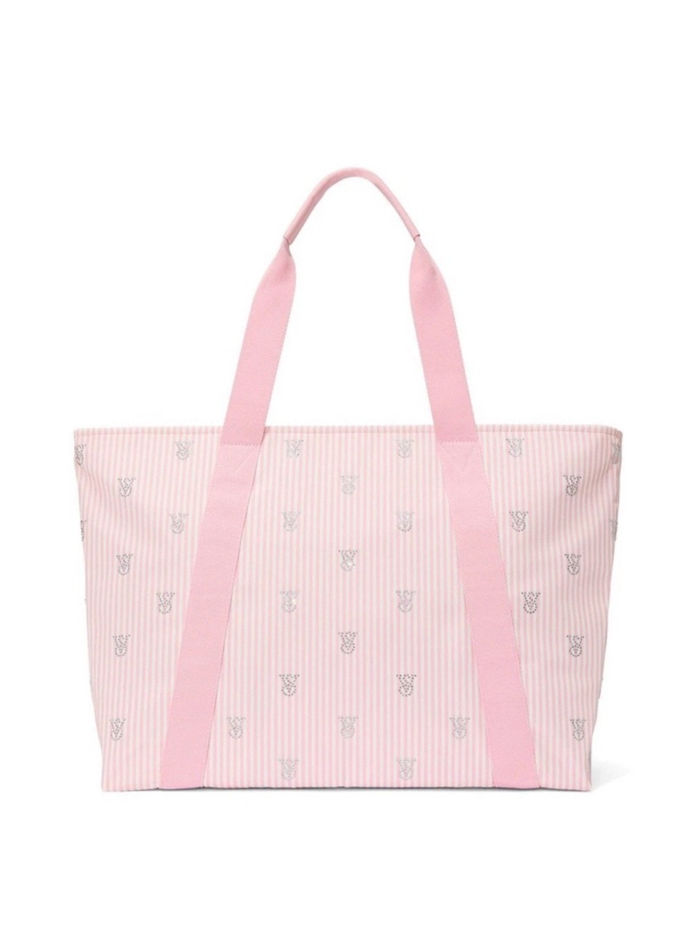 Victoria's Secret Pink & White Heritage Striped Rhinestone Zip Tote Bag
